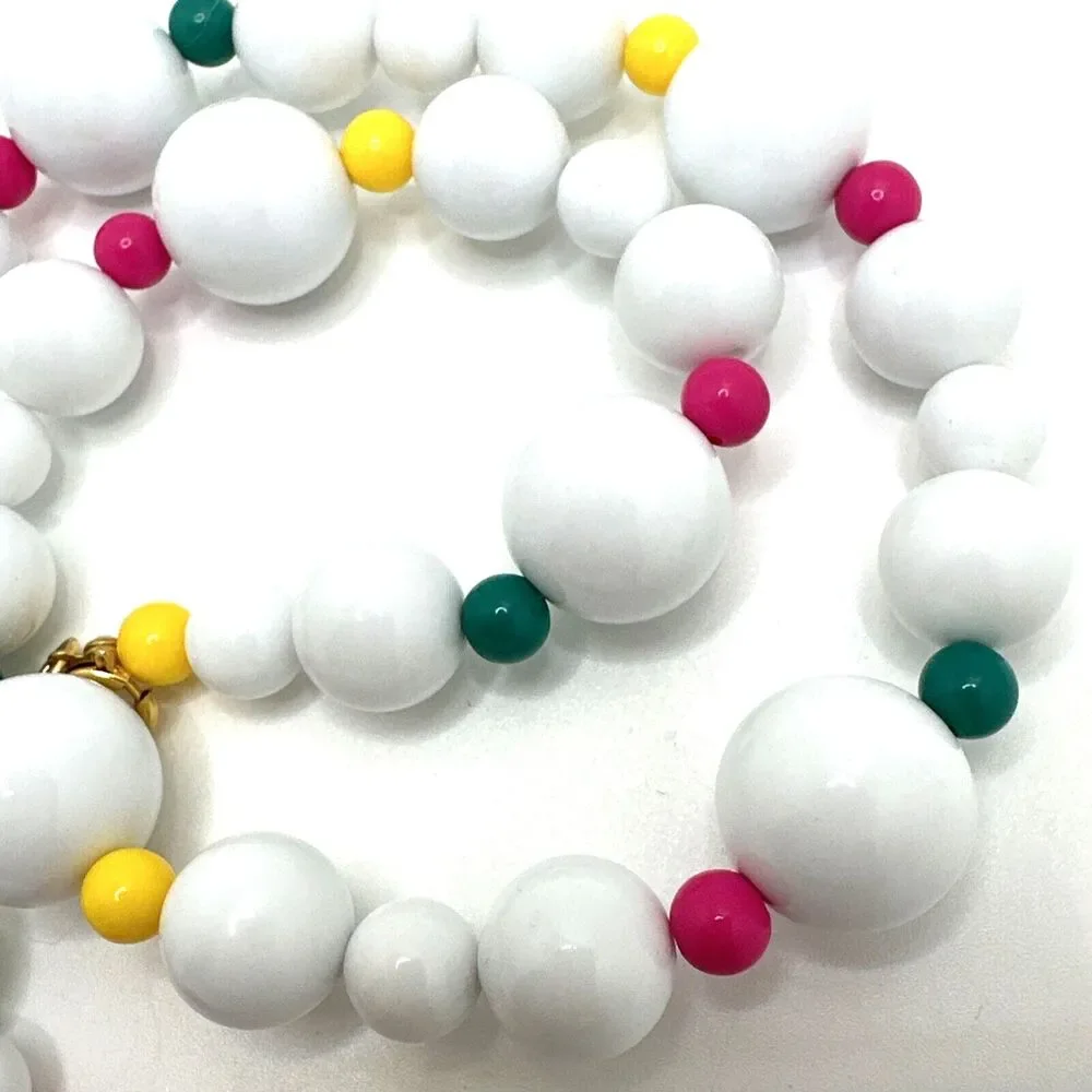 Vintage 1980s White Gumball Bead Necklace Multicolor Accents Statement Retro 20